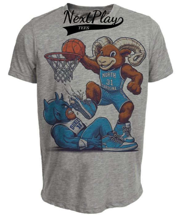North Carolina Tar Heels vs. Duke Blue Devils Retro Rivalry Basketball Mascot 1998 Artwork Heather Gray Sublimated T-Shirt