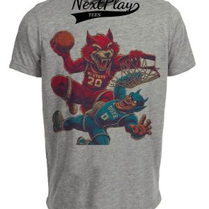 NC State Wolfpack vs. Duke Blue Devils Retro Rivalry Basketball Mascot 1990 Artwork Heather Gray Sublimated T-Shirt
