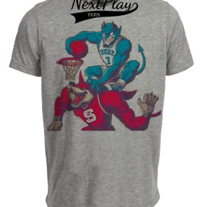 Duke Blue Devils vs. NC State Wolfpack Retro Rivalry Basketball Mascot 1998 Artwork Heather Gray Sublimated T-Shirt