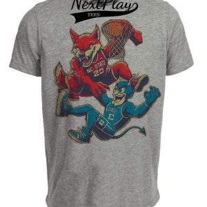 NC State Wolfpack vs. Duke Blue Devils Retro Rivalry Basketball Mascot 1987 Artwork Heather Gray Sublimated T-Shirt