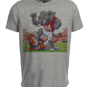 Alabama Crimson Tide vs. Auburn Tigers Retro Rivalry Football Mascot Artwork Heather Gray Sublimated T-Shirt