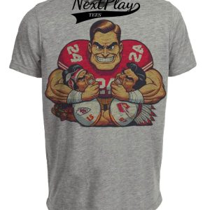 San Francisco 49ers vs. Kansas City Chiefs Retro Rivalry Football Double Headlock Mascots Artwork Heather Gray Sublimated T-Shirt