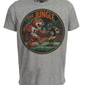 Cincinnati Bengals vs. Pittsburgh Steelers Vintage Retro Rivalry The Jungle Football Mascot Artwork Heather Gray Sublimated T-Shirt