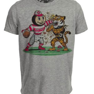 Ohio State Buckeyes vs. Missouri Tigers Retro Rivalry Football Mascot 1984 Artwork Heather Gray Sublimated T-Shirt