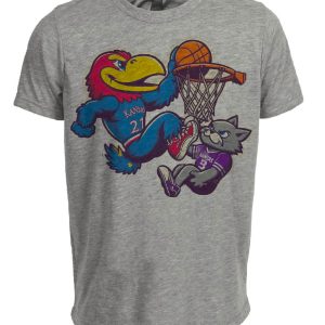 Kansas Jayhawks vs. Kansas State Wildcats Retro Rivalry Basketball Mascot Artwork Heather Gray Sublimated T-Shirt