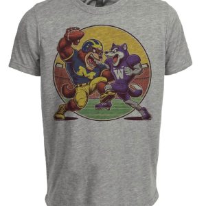 Michigan Wolverines vs. Washington Huskies Retro Rivalry Football Artwork Heather Gray Sublimated T-Shirt