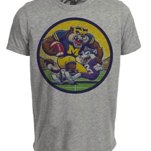 Michigan Wolverines vs. Washington Huskies Vintage Retro Rivalry Football Mascot Artwork Heather Gray Sublimated T-Shirt