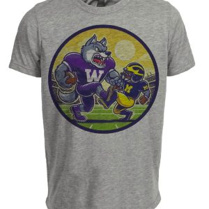 Washington Huskies vs. Michigan Wolverines Retro Rivalry Football Artwork Heather Gray Sublimated T-Shirt