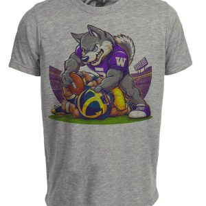 Washington Huskies vs. Michigan Wolverines Retro Rivalry Football Mascot Artwork Heather Gray Sublimated T-Shirt