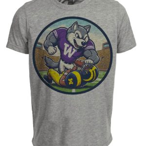 Washington Huskies vs. Michigan Wolverines Retro Rivalry Football Fight Mascot Artwork Heather Gray Sublimated T-Shirt