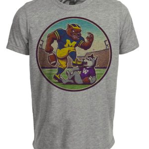 Michigan Wolverines vs. Washington Huskies Retro Rivalry Football Fight Mascot Artwork Heather Gray Sublimated T-Shirt