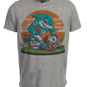 Miami Dolphins vs. Buffalo Bills Retro Rivalry Football Mascot Artwork Heather Gray Sublimated T-Shirt