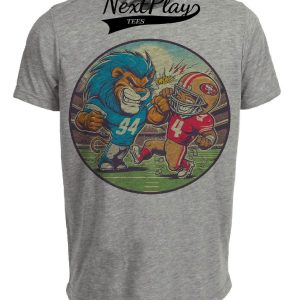 Detroit Lions vs. San Francisco 49ers Retro Rivalry Football Mascot Artwork Heather Gray Sublimated T-Shirt
