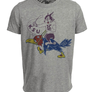 Kansas State Wildcats vs. Kansas Jayhawks Retro Rivalry Mascot 1958 Artwork Heather Gray Sublimated T-Shirt