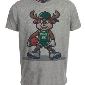 Milwaukee Bucks Retro Basketball Mascot Artwork Heather Gray Sublimated T-Shirt