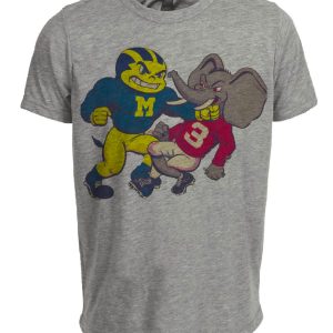 Michigan Wolverines vs. Alabama Crimson Tide Retro Rivalry Football Mascot 1965 Artwork Heather Gray Sublimated T-Shirt