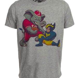 Alabama Crimson Tide vs. Michigan Wolverines Retro Rivalry Football Mascot Artwork Heather Gray Sublimated T-Shirt