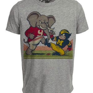 Alabama Crimson Tide vs. Michigan Wolverines Retro Rivalry Football Mascot 1965 Artwork Heather Gray Sublimated T-Shirt