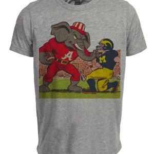 Alabama Crimson Tide vs. Michigan Wolverines Retro Rivalry Football Mascot 1954 Artwork Heather Gray Sublimated T-Shirt