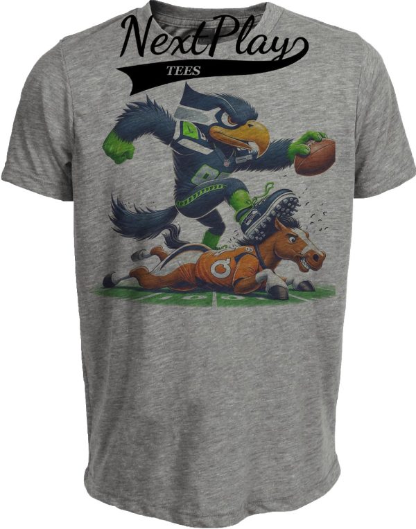 Seattle Seahawks vs. Denver Broncos Retro Rivalry Football Mascot Artwork Heather Gray Sublimated T-Shirt