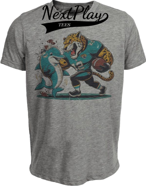 Jacksonville Jaguars vs. Miami Dolphins Retro Rivalry Jags Mascot Football Artwork Heather Gray Sublimated T-Shirt Copy