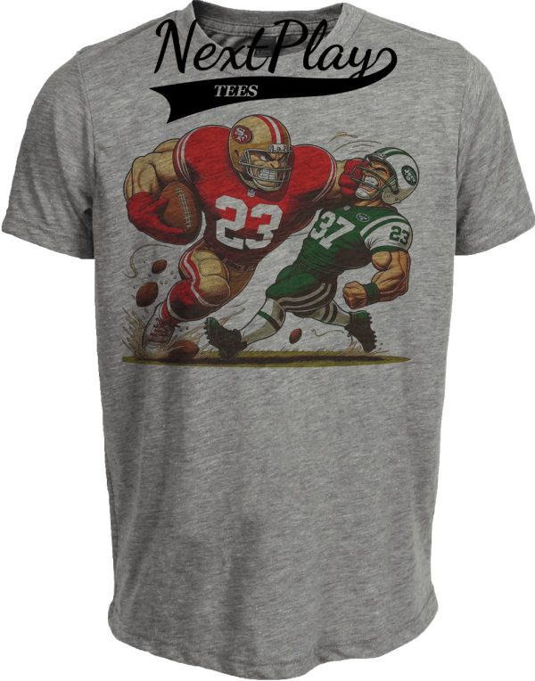 San Francisco 49ers vs. New York Jets Retro Rivalry Football Mascot Artwork Heather Gray Sublimated T-Shirt