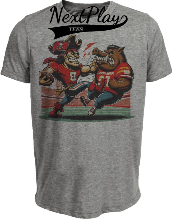 Tampa Bay Buccaneers vs. Washington Commanders Retro Rivalry Football Captain Fear Kick Artwork Heather Gray Sublimated T-Shirt