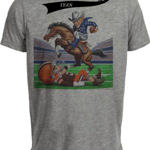 Dallas Cowboys vs. Cleveland Browns Retro Rivalry Football Mascot Hurdle Artwork Heather Gray Sublimated T-Shirt