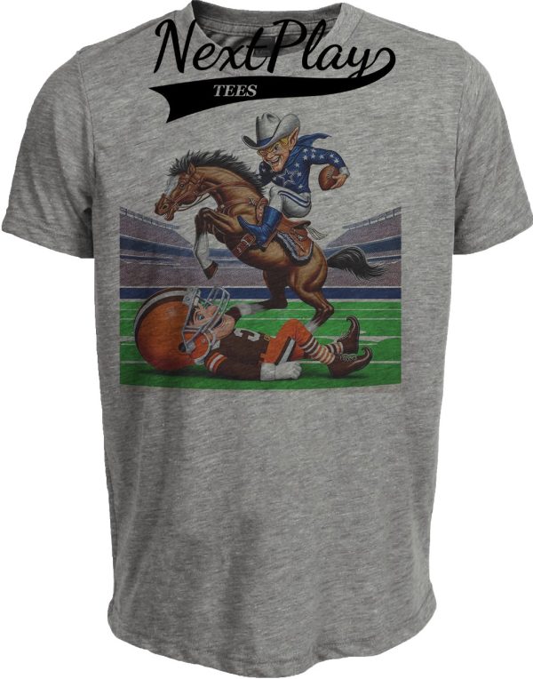Dallas Cowboys vs. Cleveland Browns Retro Rivalry Football Mascot Hurdle Artwork Heather Gray Sublimated T-Shirt
