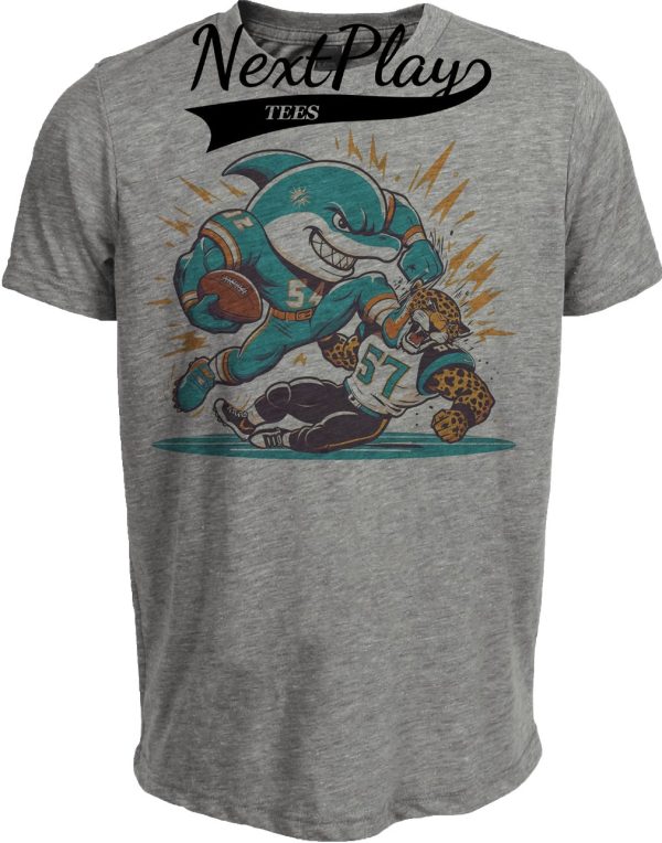 Miami Dolphins vs. Jacksonville Jaguars Retro Rivalry T.D. Kick Football Artwork Heather Gray Sublimated T-Shirt