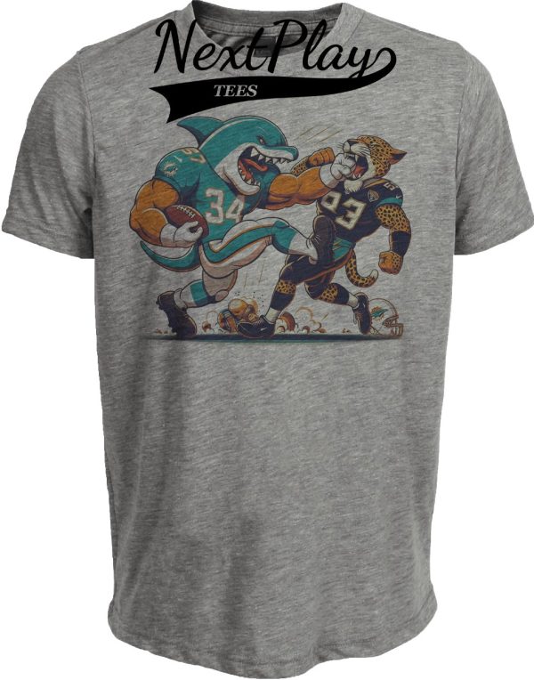 Miami Dolphins vs. Jacksonville Jaguars Retro Rivalry T.D. Punch Football Artwork Heather Gray Sublimated T-Shirt