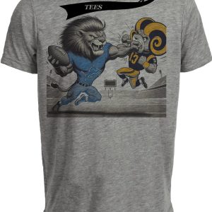 Detroit Lions vs. Los Angeles Rams Retro Rivalry Football Mascot Artwork Heather Gray Sublimated T-Shirt
