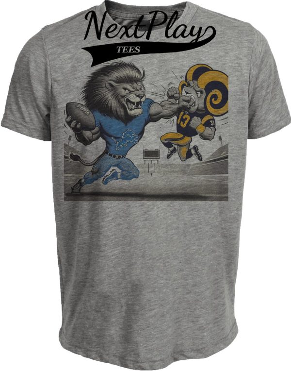 Detroit Lions vs. Los Angeles Rams Retro Rivalry Football Mascot Artwork Heather Gray Sublimated T-Shirt