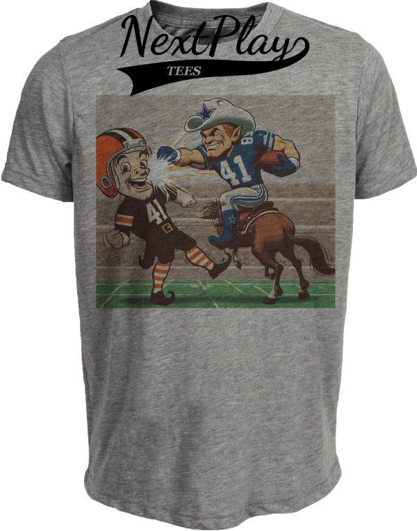 Dallas Cowboys vs. Cleveland Browns Retro Rivalry Football Mascot 1988 Artwork Heather Gray Sublimated T-Shirt
