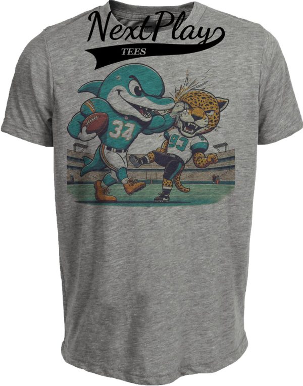 Miami Dolphins vs. Jacksonville Jaguars Retro Rivalry Mascot Football Artwork Heather Gray Sublimated T-Shirt