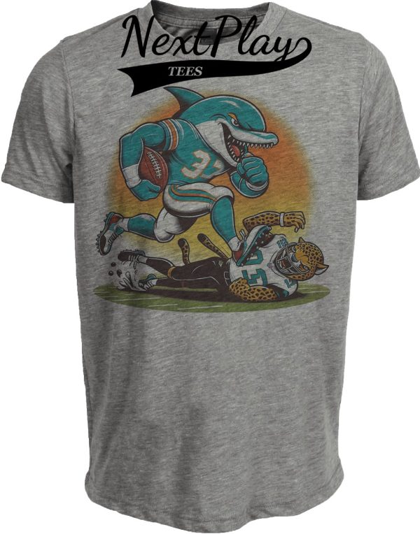 Miami Dolphins vs. Jacksonville Jaguars Retro Rivalry T.D. Football Artwork Heather Gray Sublimated T-Shirt
