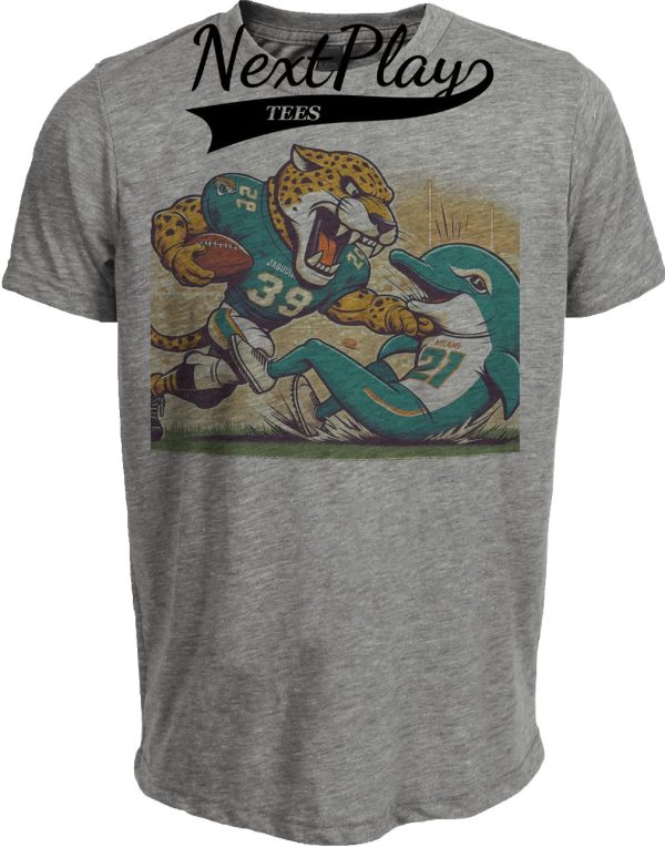 Jacksonville Jaguars vs. Miami Dolphins Retro Rivalry Mascot Football Artwork Heather Gray Sublimated T-Shirt