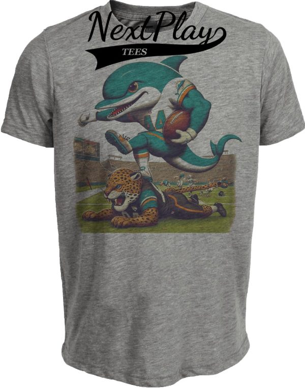 Miami Dolphins vs. Jacksonville Jaguars Retro Rivalry T.D. Mascot Football Artwork Heather Gray Sublimated T-Shirt