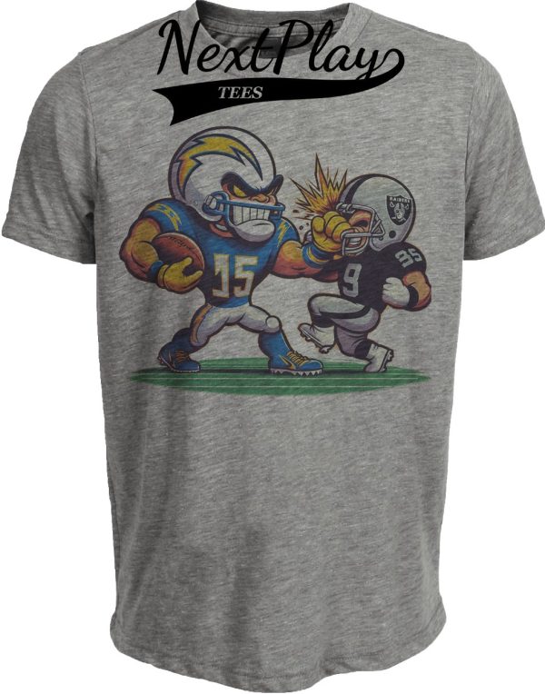 Los Angeles Chargers vs. Las Vegas Raiders Retro Rivalry Punching Football Artwork Heather Gray Sublimated T-Shirt