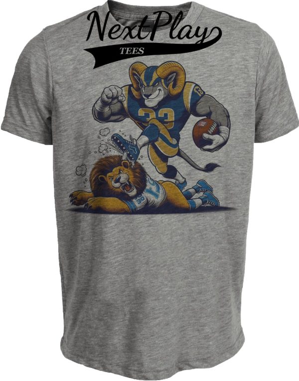 Los Angeles Rams vs. Detroit Lions Retro Rivalry Football Mascot Artwork Heather Gray Sublimated T-Shirt