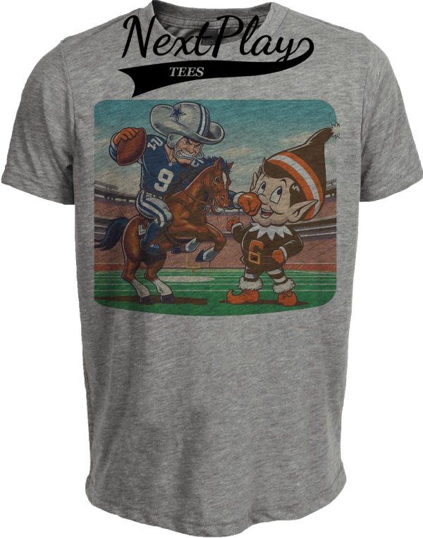 Dallas Cowboys vs. Cleveland Browns Retro Rivalry Football Mascot 1992 Artwork Heather Gray Sublimated T-Shirt