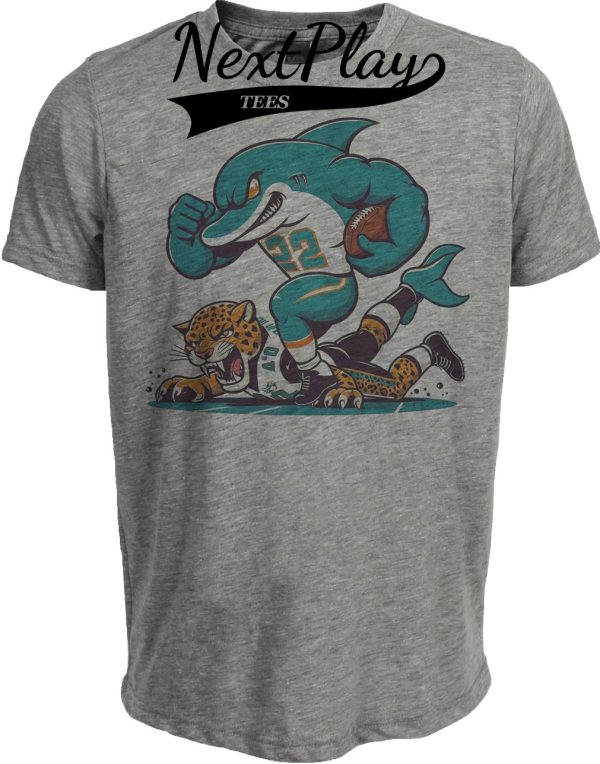 Miami Dolphins vs. Jacksonville Jaguars Retro Rivalry T.D. Stomp Football Artwork Heather Gray Sublimated T-Shirt