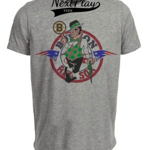 Boston Patriots Celtics Red Sox Bruins Vintage Football Baseball Basketball Hockey Mascot Artwork Heather Gray Sublimated T-Shirt