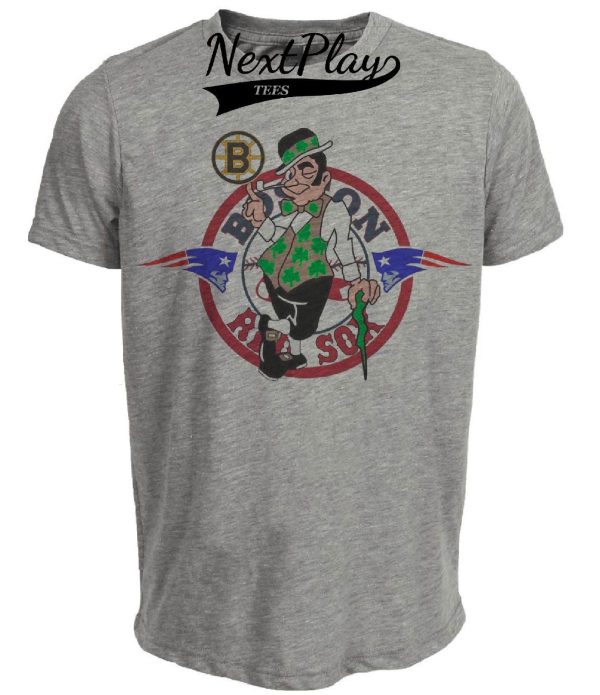 Boston Patriots Celtics Red Sox Bruins Vintage Football Baseball Basketball Hockey Mascot Artwork Heather Gray Sublimated T-Shirt