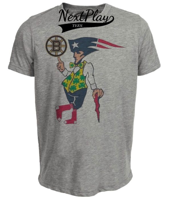 Boston Patriots Celtics Red Sox Bruins Vintage Football Baseball Basketball Hockey Lucky Artwork Heather Gray Sublimated T-Shirt