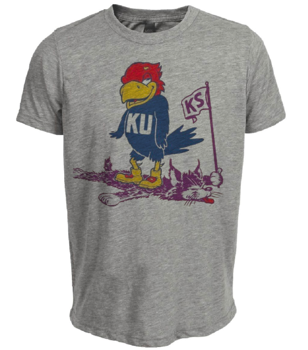 Kansas Jayhawks vs. Kansas State Wildcats Retro Rivalry Mascot 1950 Artwork Heather Gray Sublimated T-Shirt