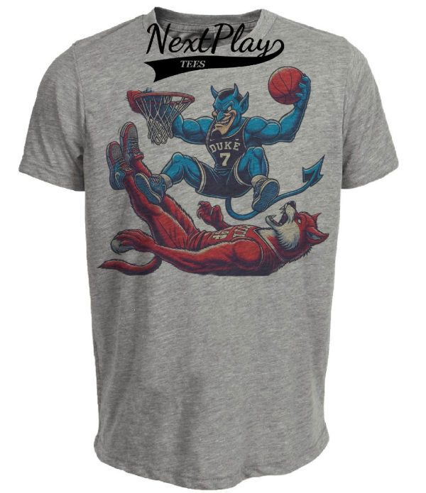 Duke Blue Devils vs. NC State Wolfpack Retro Rivalry Basketball Mascot 1990 Artwork Heather Gray Sublimated T-Shirt