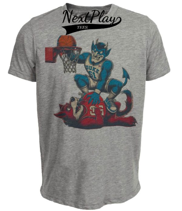 Duke Blue Devils vs. NC State Wolfpack Retro Rivalry Basketball Mascot 1995 Artwork Heather Gray Sublimated T-Shirt