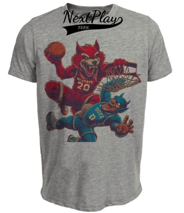 NC State Wolfpack vs. Duke Blue Devils Retro Rivalry Basketball Mascot 1990 Artwork Heather Gray Sublimated T-Shirt