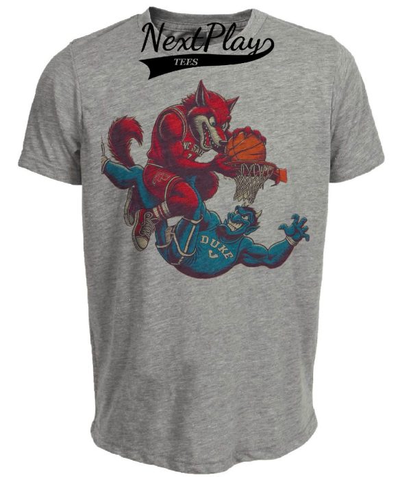 NC State Wolfpack vs. Duke Blue Devils Retro Rivalry Basketball Mascot 1999 Artwork Heather Gray Sublimated T-Shirt